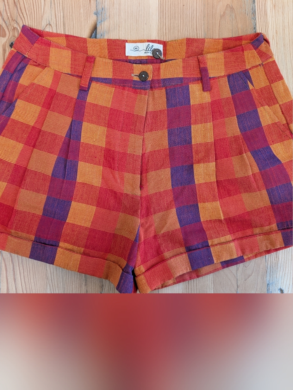 Handmade Vibrant Plaid High-Waist Shorts in Red, Orange & Purple Size M